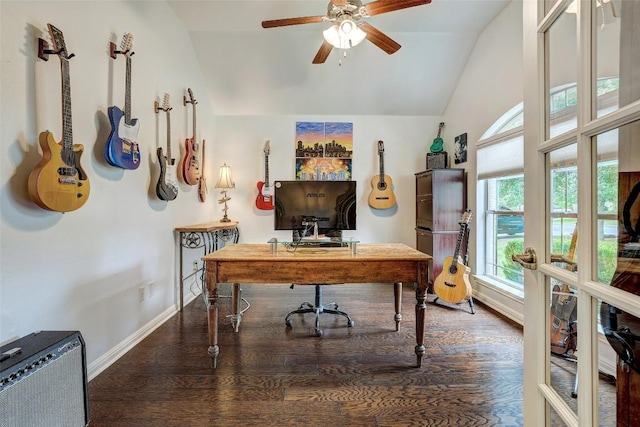 office with baseboards, vaulted ceiling, wood finished floors, and ceiling fan