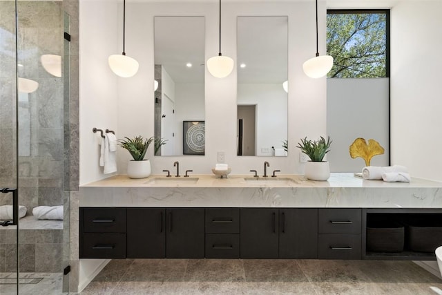 2502 Barhill Dr, Austin, TX 78704 - full bathroom featuring double vanity and a shower stall
