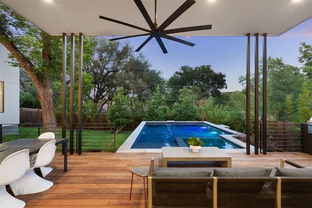 2502 Barhill Dr, Austin, TX 78704 - view of pool featuring a wooden deck, a fenced backyard, and ceiling fan