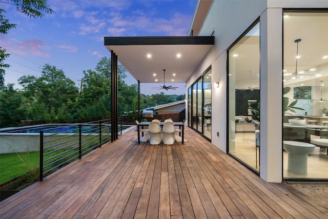 2502 Barhill Dr, Austin, TX 78704 - deck featuring ceiling fan, an outdoor pool, and outdoor dining area