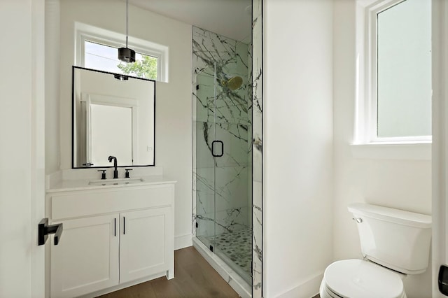 bathroom featuring a marble finish shower, toilet, wood finished floors, and vanity