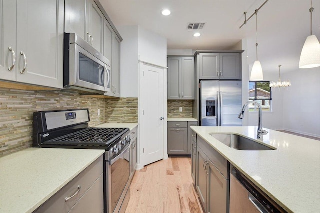 kitchen featuring stainless steel appliances, a sink, gray cabinetry, light wood-style flooring, and pendant lighting