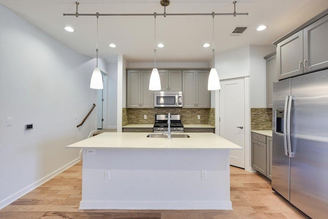 1305 Casey St Unit A, Austin, TX 78745 - kitchen featuring stainless steel appliances, gray cabinets, decorative backsplash, a center island with sink, and light countertops