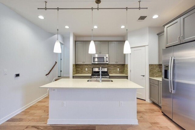 1305 Casey St Unit A, Austin, TX 78745 - kitchen featuring stainless steel appliances, gray cabinets, decorative backsplash, a center island with sink, and light countertops