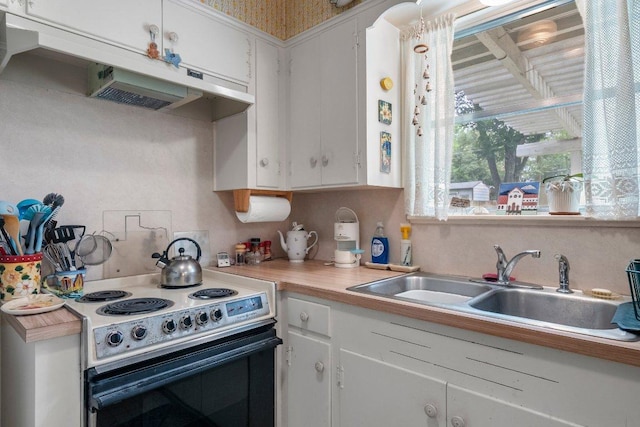 3108 W Terrace Dr, Austin, TX 78757 - kitchen with electric range, a sink, light countertops, under cabinet range hood, and white cabinetry