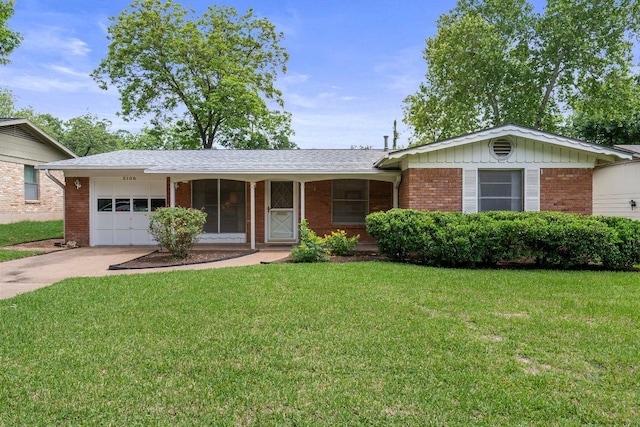3108 W Terrace Dr, Austin, TX 78757 - ranch-style house featuring a garage, brick siding, concrete driveway, board and batten siding, and a front yard