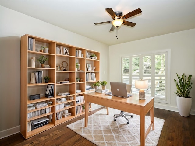 18 N Peak Rd, West Lake Hills, TX 78746 - home office with a ceiling fan, dark wood-style flooring, and baseboards