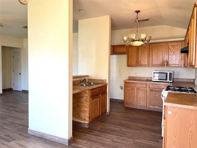 11729 Timber Heights Dr, Austin, TX 78754 - kitchen featuring stainless steel microwave, white range with gas stovetop, range hood, dark wood-type flooring, and lofted ceiling