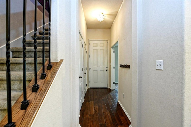 15628 Interlachen Dr, Austin, TX 78717 - hallway with hardwood / wood-style flooring, stairway, and a textured wall