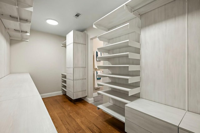 walk in closet with dark wood-style floors