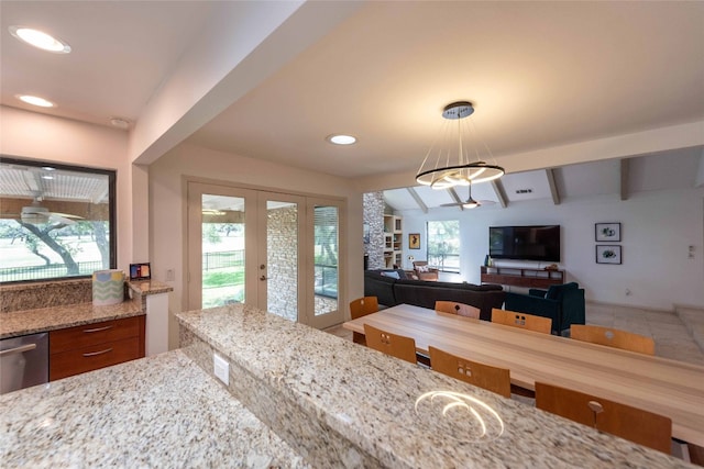 dining room featuring french doors, recessed lighting, and beamed ceiling