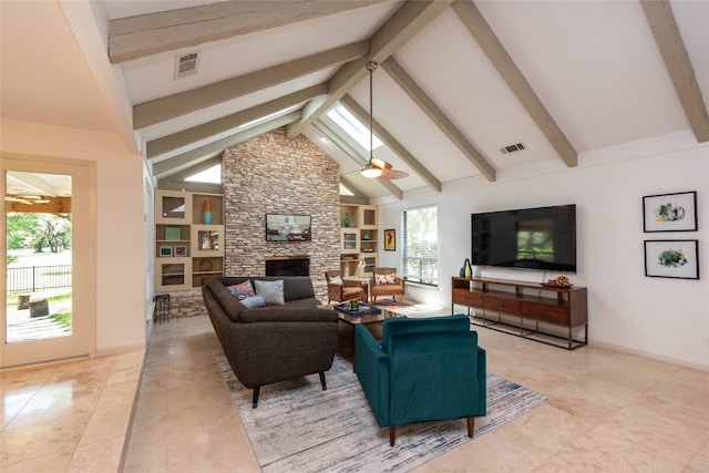 tiled living room with beam ceiling, a fireplace, a ceiling fan, and high vaulted ceiling