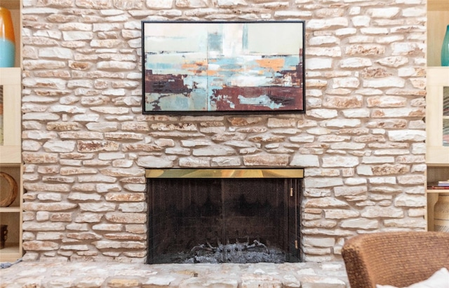 detailed view of a stone fireplace