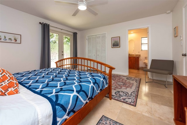 bedroom with connected bathroom, a ceiling fan, french doors, access to exterior, and a closet