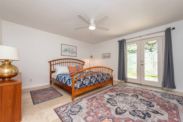 bedroom featuring french doors, access to exterior, baseboards, and a ceiling fan