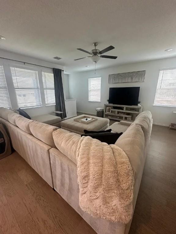 2050 Egret Ave, New Braunfels, TX 78132 - living area featuring wood finished floors, a ceiling fan, recessed lighting, and baseboards