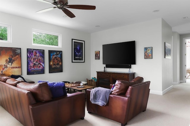 401 Rocky River Rd, West Lake Hills, TX 78746 - living room with ceiling fan, light colored carpet, baseboards, and recessed lighting