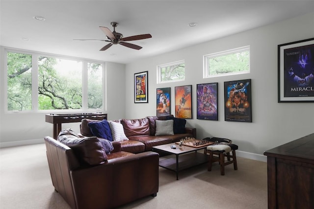 401 Rocky River Rd, West Lake Hills, TX 78746 - living area featuring light colored carpet, a ceiling fan, baseboards, and recessed lighting