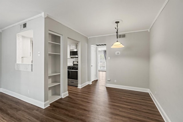 7920 Rockwood Ln Unit 104, Austin, TX 78757 - empty room featuring crown molding, dark wood-type flooring, baseboards, and built in features