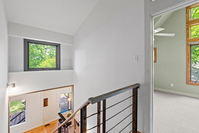 stairs featuring high vaulted ceiling and baseboards
