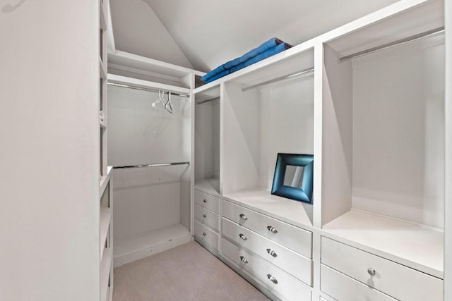 spacious closet with vaulted ceiling and light carpet