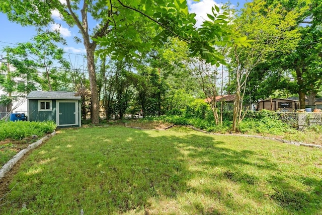 view of yard with a storage shed and an outbuilding