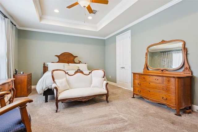 419 Davis Mountain Cir, Georgetown, TX 78633 - carpeted bedroom with a tray ceiling, ornamental molding, recessed lighting, a ceiling fan, and baseboards