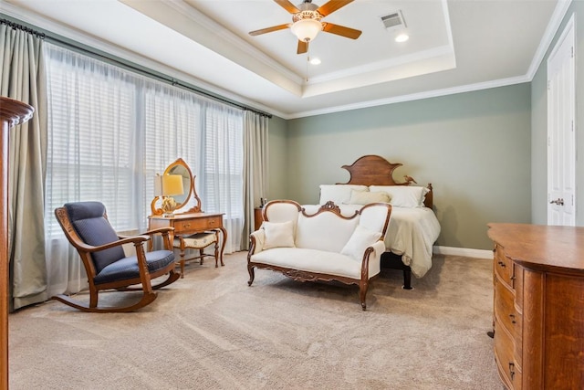419 Davis Mountain Cir, Georgetown, TX 78633 - bedroom with light colored carpet, a raised ceiling, crown molding, baseboards, and ceiling fan