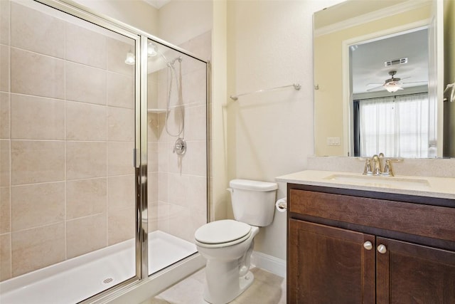 419 Davis Mountain Cir, Georgetown, TX 78633 - bathroom featuring toilet, vanity, a stall shower, and ceiling fan