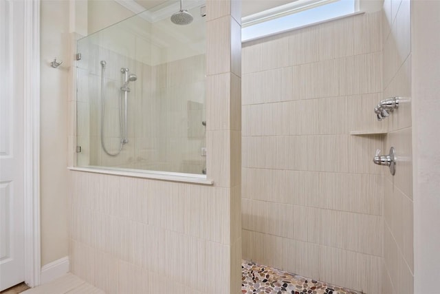 419 Davis Mountain Cir, Georgetown, TX 78633 - bathroom with walk in shower and crown molding