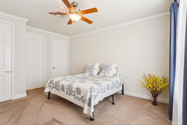419 Davis Mountain Cir, Georgetown, TX 78633 - bedroom featuring light colored carpet, baseboards, ornamental molding, and ceiling fan