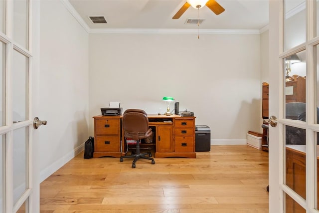 419 Davis Mountain Cir, Georgetown, TX 78633 - office area with french doors, ornamental molding, a ceiling fan, light wood-style floors, and baseboards