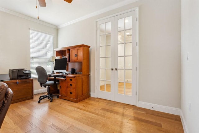 419 Davis Mountain Cir, Georgetown, TX 78633 - home office with french doors, light wood-style floors, a ceiling fan, crown molding, and baseboards