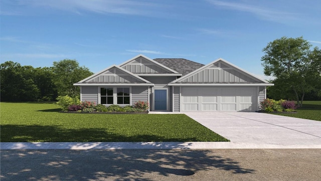 craftsman-style house featuring board and batten siding, an attached garage, concrete driveway, and a front yard