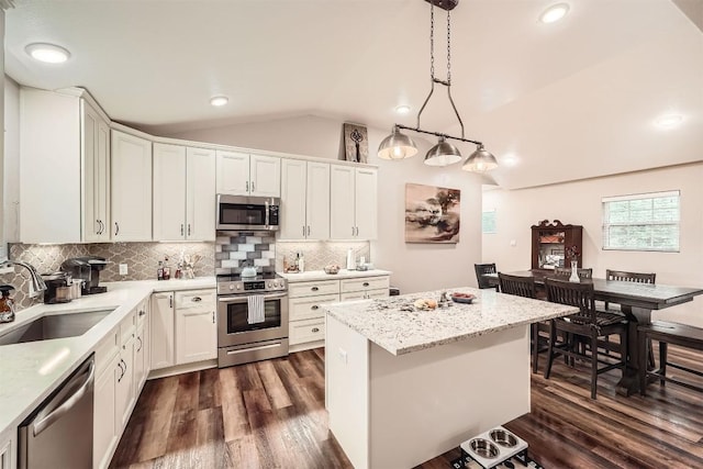 100 Comanche Trl, Georgetown, TX 78633 - kitchen with stainless steel appliances, a sink, vaulted ceiling, dark wood-style flooring, and tasteful backsplash