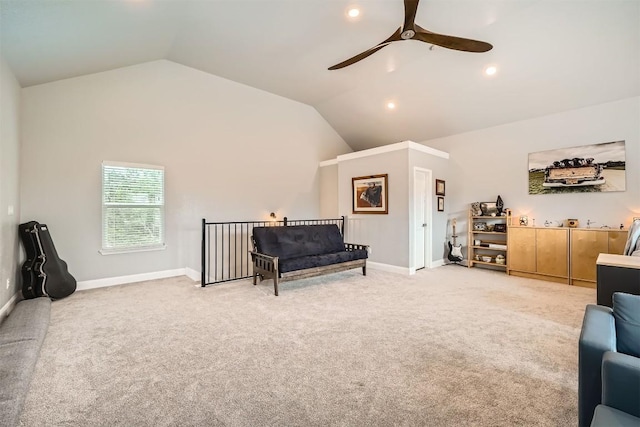 100 Comanche Trl, Georgetown, TX 78633 - living area with ceiling fan, light carpet, vaulted ceiling, recessed lighting, and baseboards
