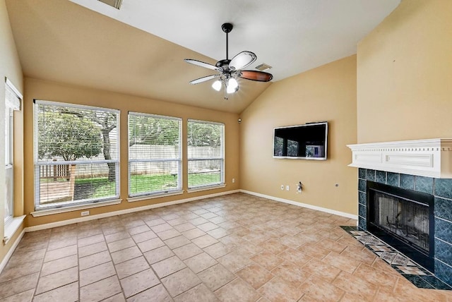 2713 Oakwood Glen Dr, Cedar Park, TX 78613 - unfurnished living room featuring vaulted ceiling, ceiling fan, healthy amount of natural light, a fireplace, and baseboards