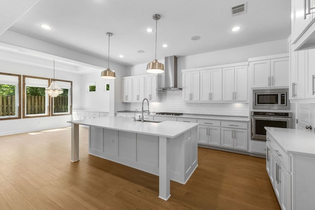 604 Germander Rd, Leander, TX 78641 - kitchen with appliances with stainless steel finishes, wall chimney exhaust hood, decorative backsplash, light countertops, and a sink