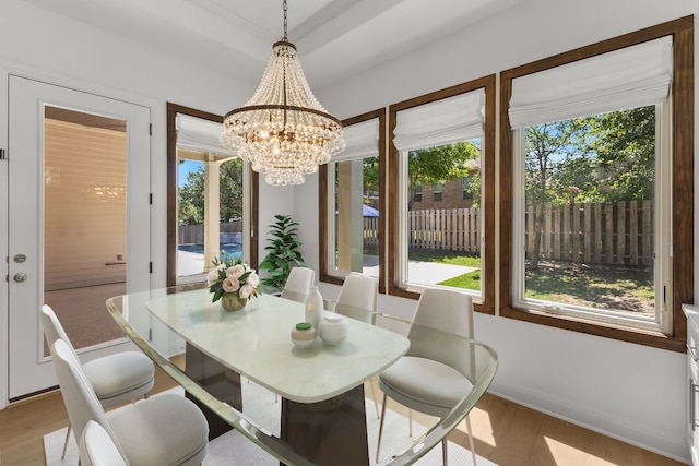 604 Germander Rd, Leander, TX 78641 - dining room featuring light wood-style flooring, healthy amount of natural light, a chandelier, and baseboards