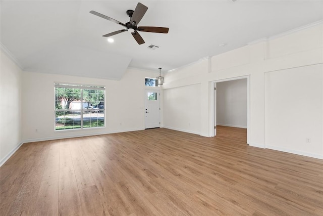1202 Deergrove Dr, Cedar Park, TX 78613 - unfurnished living room featuring ornamental molding, light wood-type flooring, ceiling fan, and baseboards