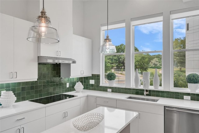 kitchen featuring dishwasher, under cabinet range hood, a sink, and light countertops