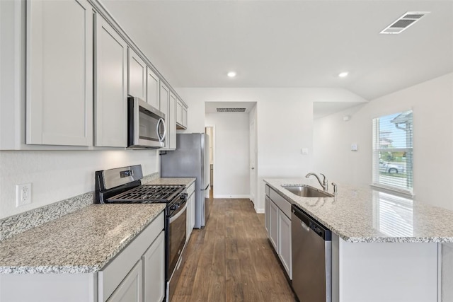 528 Evergreen Sumac Loop, Kyle, TX 78640 - kitchen featuring appliances with stainless steel finishes, a sink, dark wood-style flooring, a kitchen island with sink, and recessed lighting