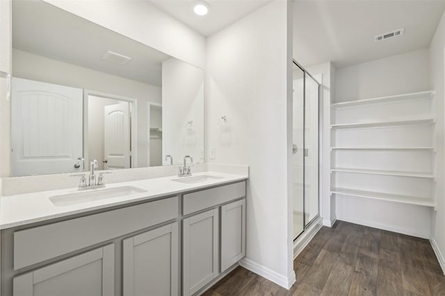 528 Evergreen Sumac Loop, Kyle, TX 78640 - full bath featuring wood finished floors, a stall shower, double vanity, baseboards, and recessed lighting