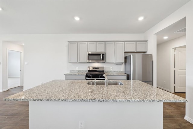 528 Evergreen Sumac Loop, Kyle, TX 78640 - kitchen featuring appliances with stainless steel finishes, a sink, gray cabinetry, a kitchen island with sink, and dark wood-style floors