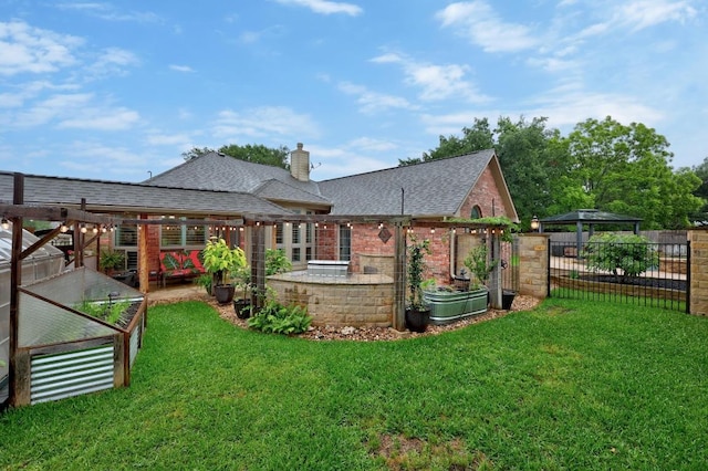 18004 Rosebud Pl, Round Rock, TX 78681 - rear view of property featuring a garden, a chimney, a shingled roof, and brick siding
