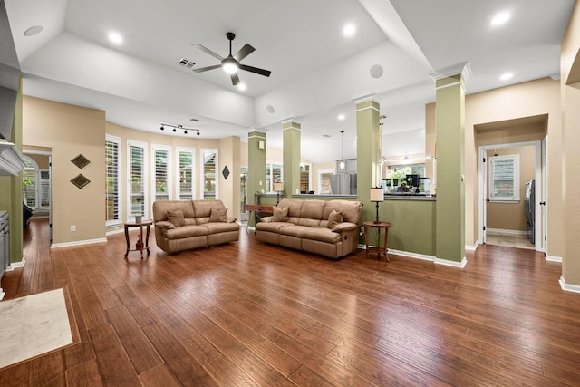 18004 Rosebud Pl, Round Rock, TX 78681 - living area featuring ornate columns, ceiling fan, dark wood-style flooring, baseboards, and recessed lighting