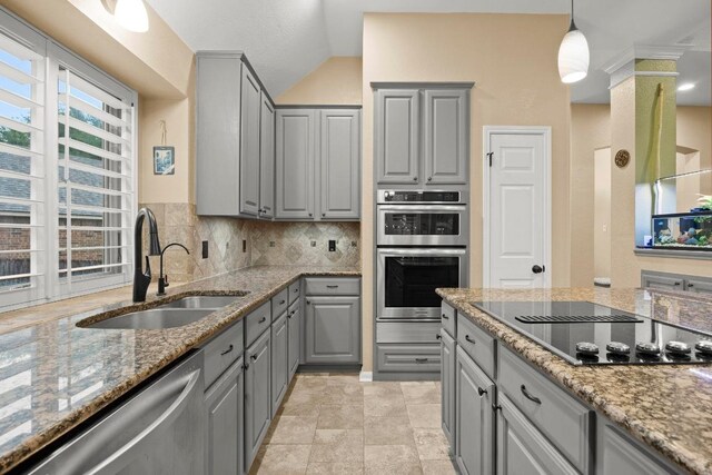 18004 Rosebud Pl, Round Rock, TX 78681 - kitchen featuring gray cabinets, a sink, appliances with stainless steel finishes, tasteful backsplash, and lofted ceiling