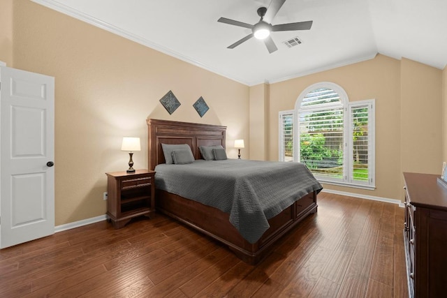 18004 Rosebud Pl, Round Rock, TX 78681 - bedroom with baseboards, dark wood-style floors, a ceiling fan, lofted ceiling, and ornamental molding