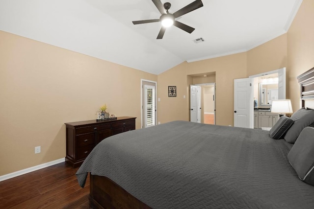 18004 Rosebud Pl, Round Rock, TX 78681 - bedroom featuring dark wood-style floors, baseboards, lofted ceiling, ceiling fan, and ornamental molding