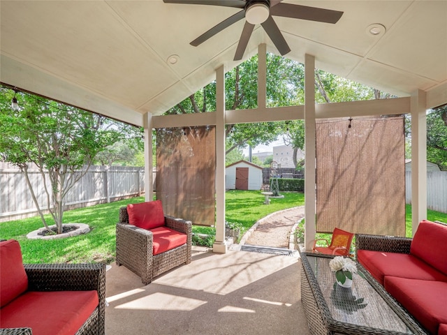 1810 Summer Rain Dr, Cedar Park, TX 78613 - view of patio with outdoor lounge area, a storage unit, an outbuilding, and a ceiling fan